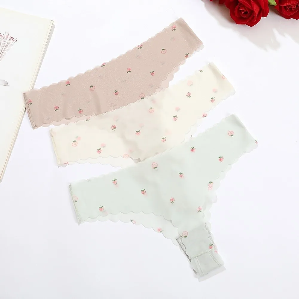 Breathable Soft Ice Silk Thongs Traceless Thin Peach Printed Briefs Lingerie Underpants T-back Panties Daily Wear