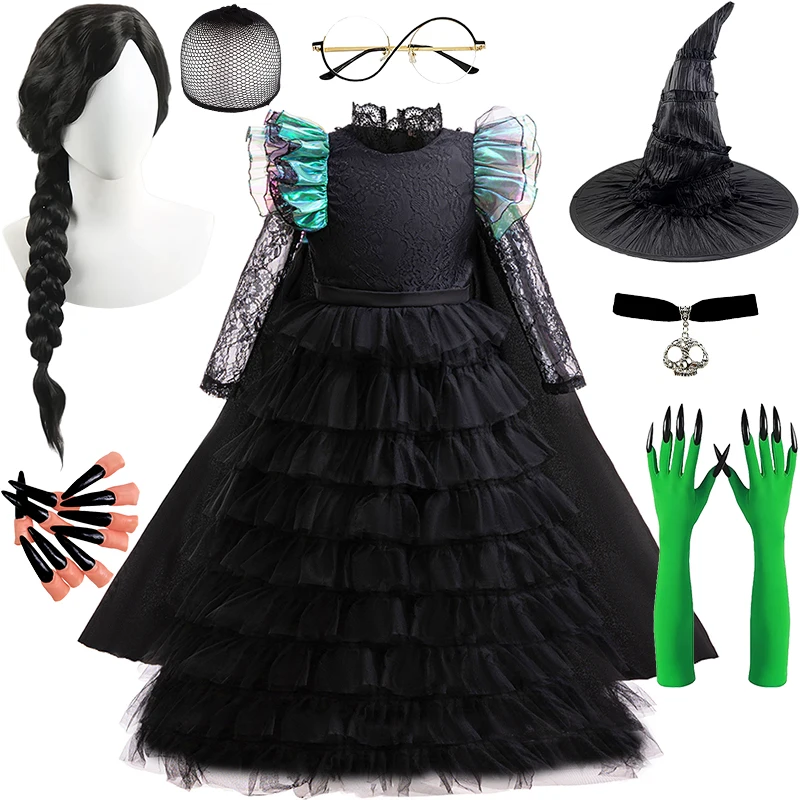 

Фэнтези злое платье для девочек на Хэллоуин, косплей, Эльфаба в одном стиле, черный роскошный кружевной детский костюм, карнавальная вечеринка, детская одежда