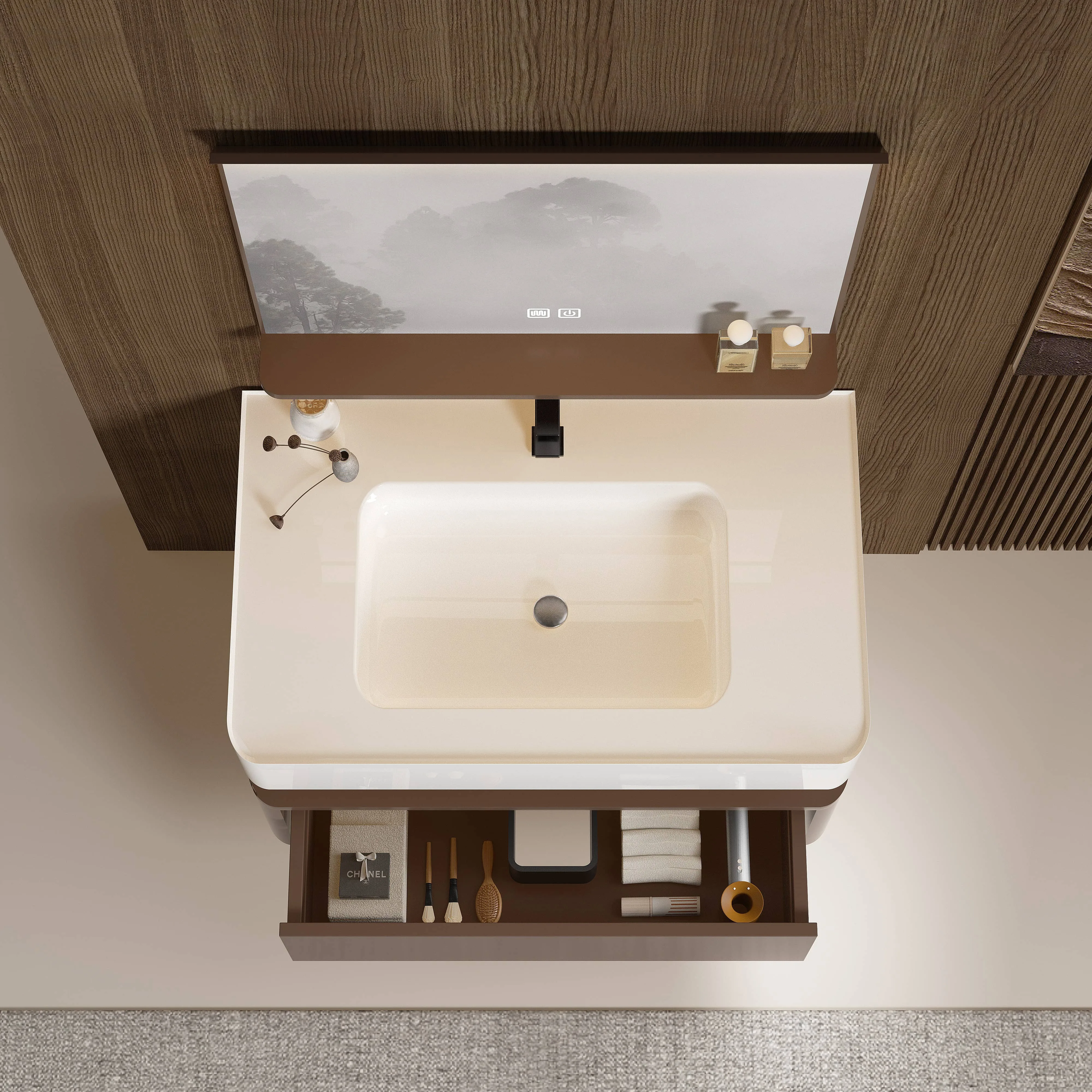 ￥#High-end Modern Europe Simple Double-deck PVC Ceramic Basin Bathroom Cabinet LED Touch Illuminate Smart Mirror Wall Hung