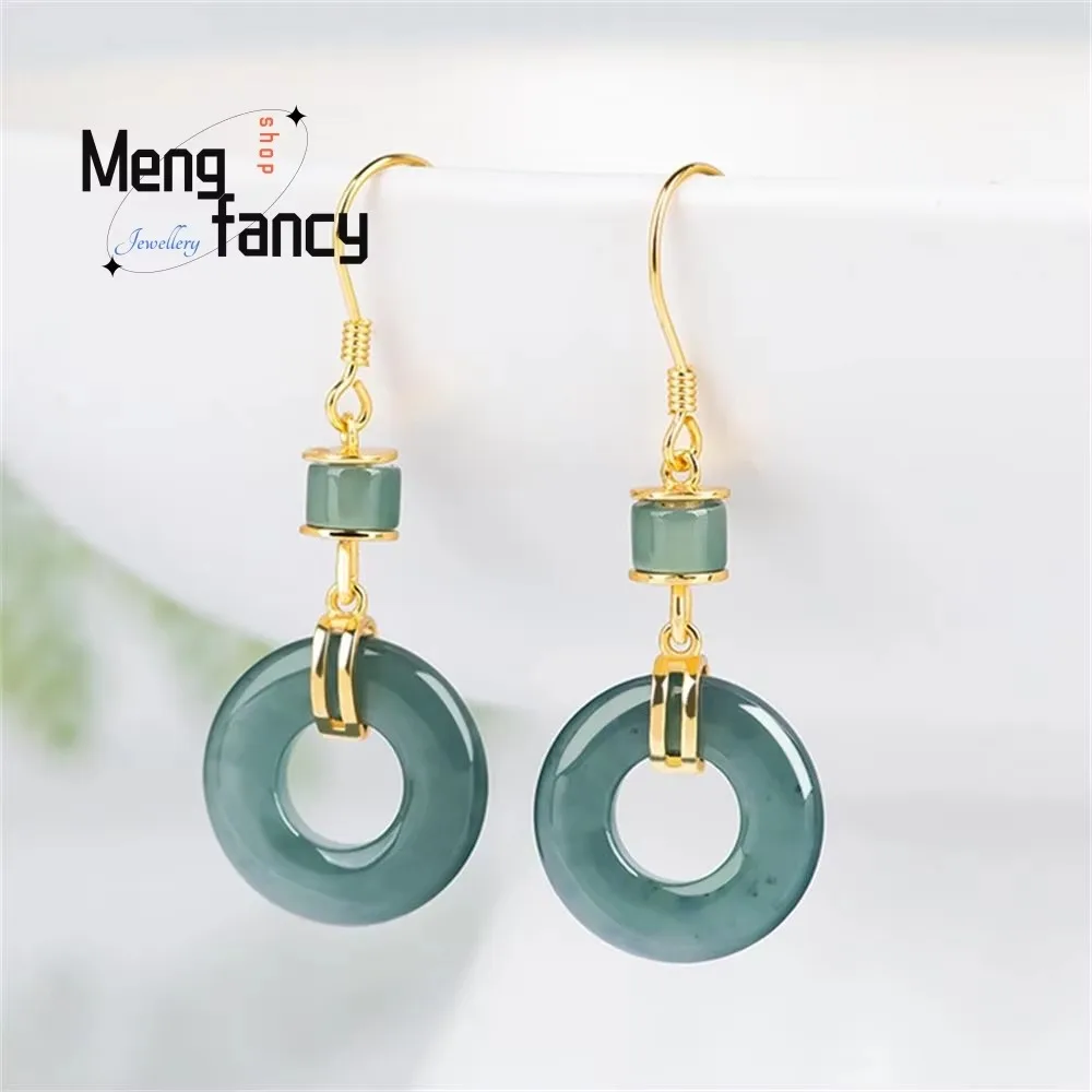 High-grade S925 Silver Inlaid Natural A-goods Jadeite Blue Water Ice Jade Earrings Elegant Fashion Jewelry Sexy Young Girls Gift