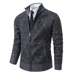 Autumn Winter Jackets Men Smart Casual Stand Collar Sweatercoat Fashion Geometric Knit Outerwear Mens Slim Coat Zipper Jacket