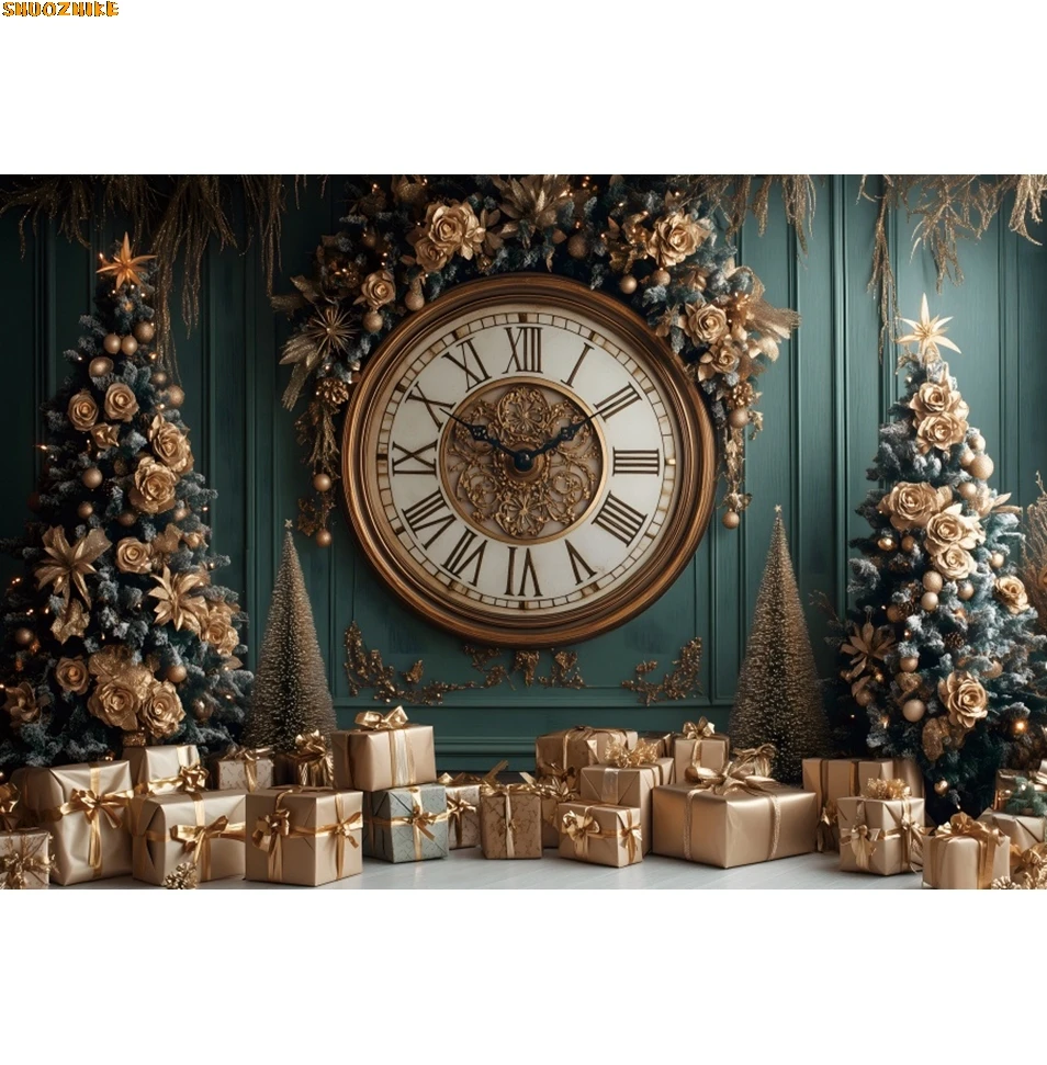

Christmas Tree Clock Backdrop Red Green Vintage Wall Interior Baby Kids Portrait Xmas New Year's Party Photography Background