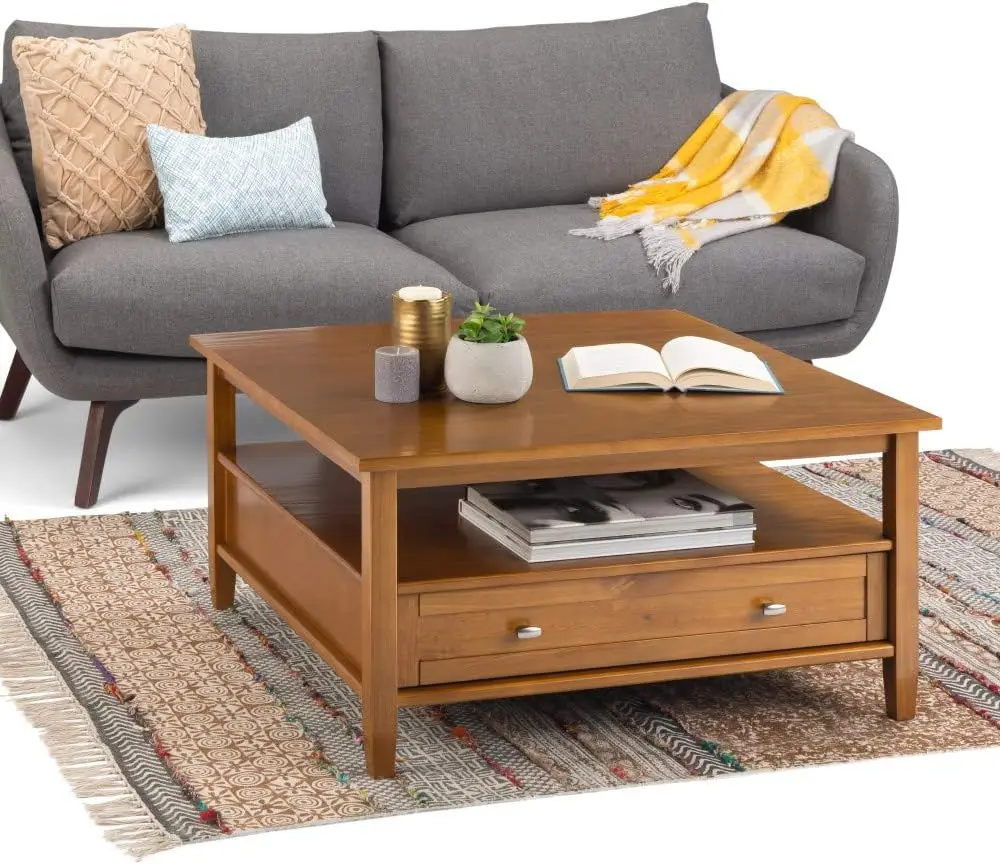 Warm Shaker Solid Wood 36 Inch Wide Square Coffee Table In Light Golden Brown, For The Living Room And Family Room