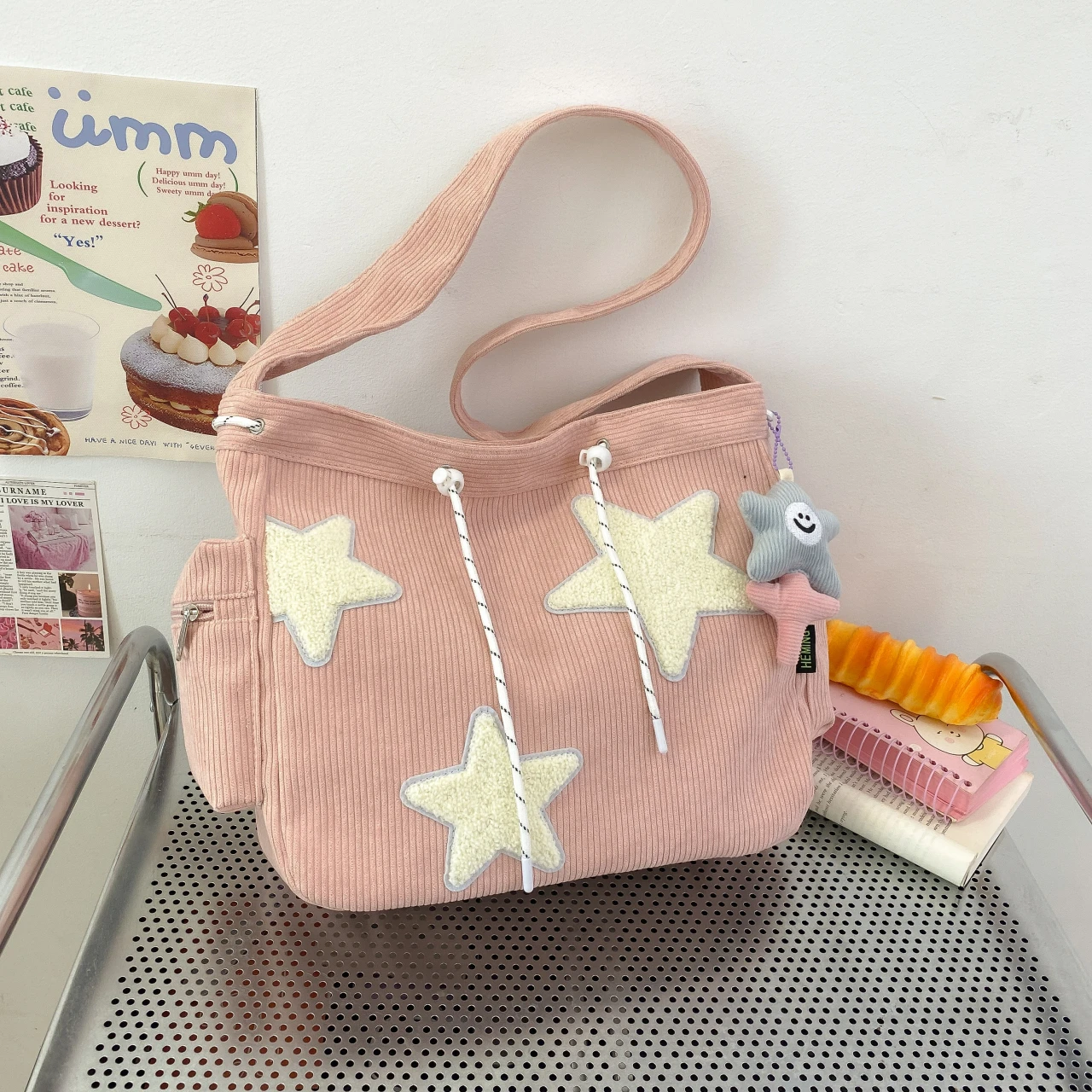 A Corduroy Shoulder Bag with Star Trim, High-capacity Zipper Burglar-proof Body Bag, Suitable as a School Backpack and Holiday