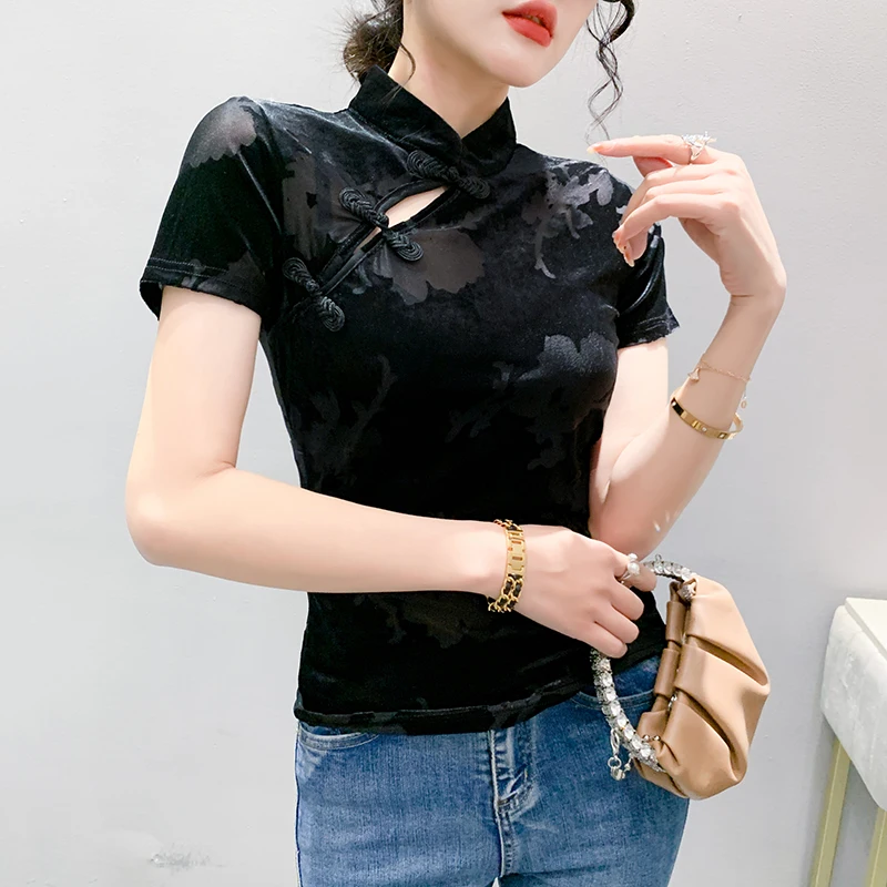 MadBlack Classic Summer European Clothes TShirts Woman Sexy Stand Collar Frog Print Slim Velour Tops Short Sleeve Tees T34319C