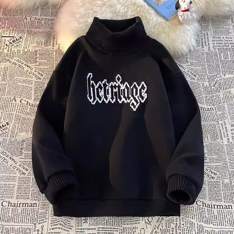2025 New Loose Turtleneck Sweater Men's Pullover Spring and Autumn Design Sense Contrasting Color Splicing Fleece Thickened Top