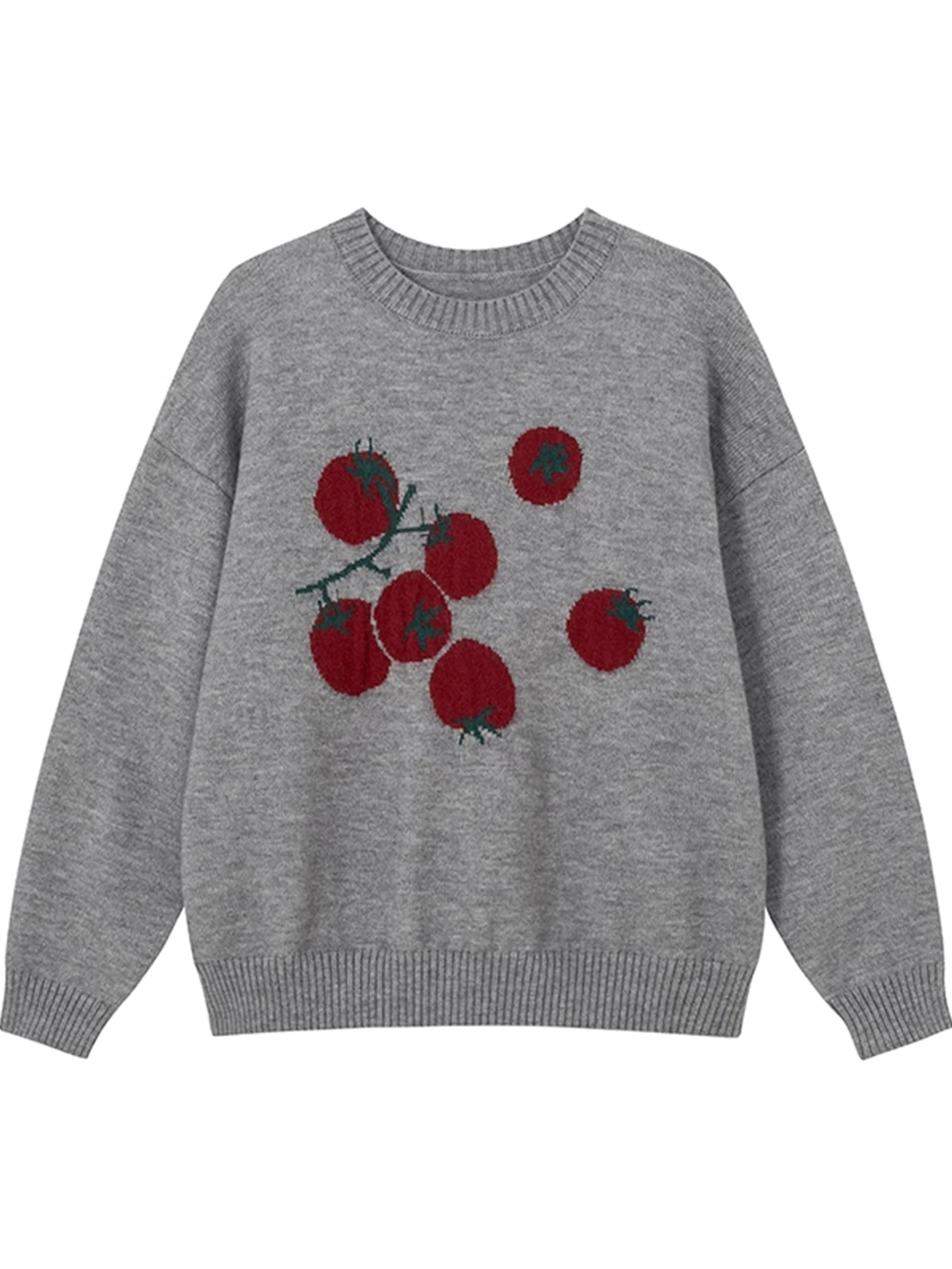 سترة محبوكة فضفاضة بنقش الطماطم وياقة مستديرة للنساء، أسلوب كوري للخريف والشتاء، ملابس داخلية مريحة ونحيفة #1