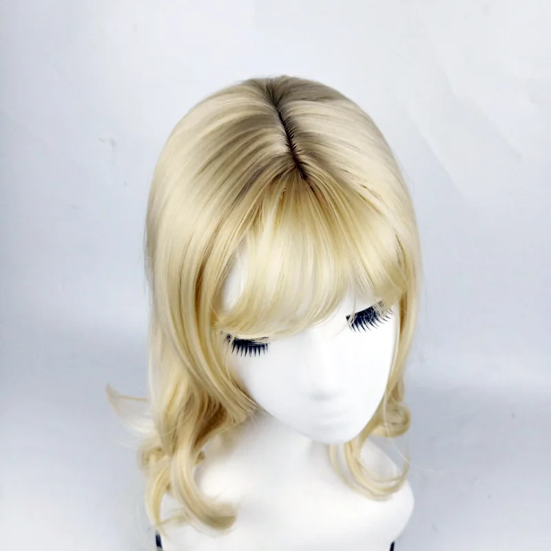 Light golden gentle girl's wig with wavy curls and bangs design, simple to wear and easy to maintain as a birthday gift