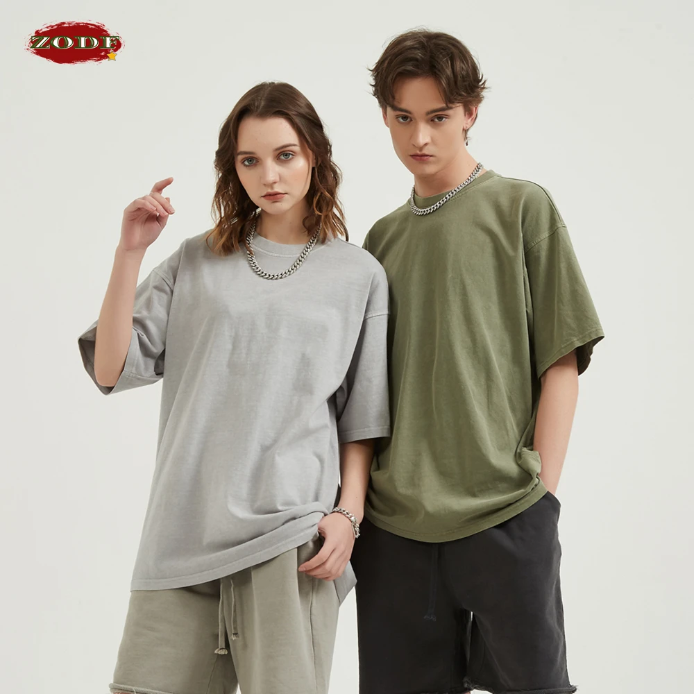 ZODF Men 2024 Retro Summer Washed Solid Cotton T-Shirts Unisex Retro Loose High Street 250gsm Basic Tees Streerwears HY0075