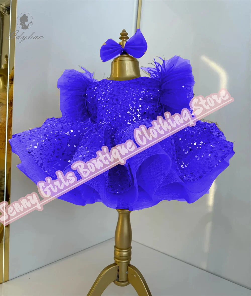 

Sparkling Royal Blue Short Baby Toddler Prom Pageant Flower Girl Dress 2025 Puffy Tulle Feather Bow Kiddie Party