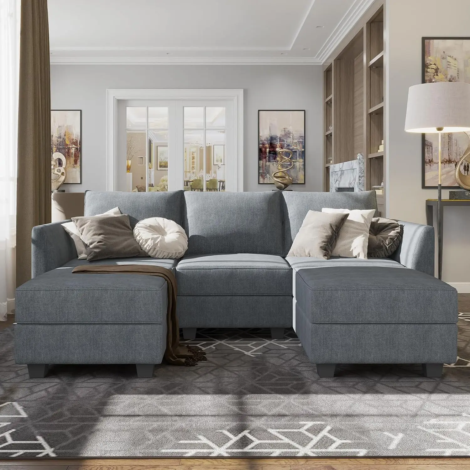 Modular Sectional Sofa with Reversible Chaises Modular Sofa with Ottoman U Shaped Sectional Couch for Living Room Bluish Grey