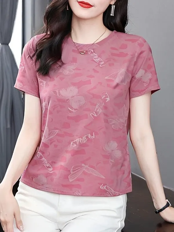 

Fashionable Short Sleeve T-Shirt Women's Loose Fit Summer Top Breathable Polyester Cotton Blend round Neck Print Design