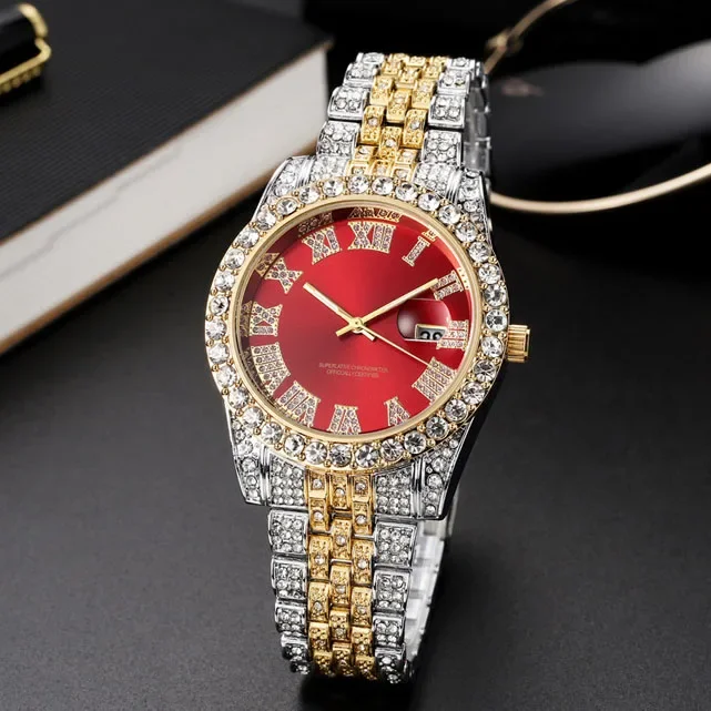 Men's Luxury Watch with Diamond Inlaid Calendar, Waterproof Quartz Watch, Men's Hip-hop Bracelet