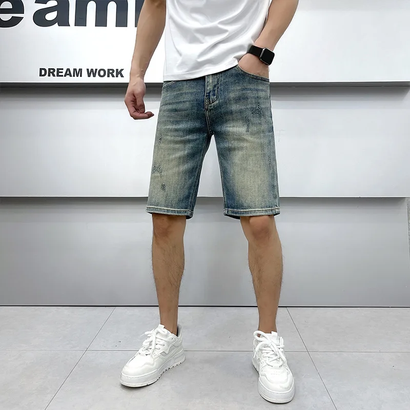 Thin-Style Blue Denim Shorts Men's High-End and Fashionable Slim Fit Stretch Retro Washed Casual Street Summer Pirate Shorts