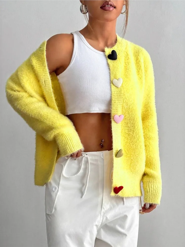 

Single-row Buckle Cardigan For Woman Elegance Heart-shaped Button Long Sleeves Yellow Sweater Autumn Winter Ladies Warm Sweaters