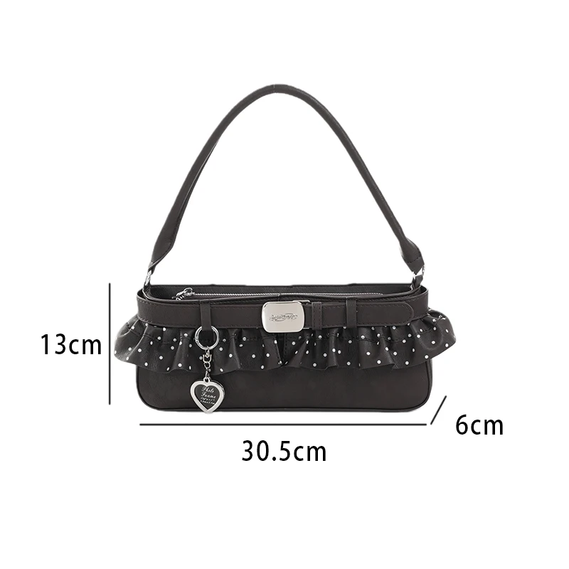 Umhängetasche mit gepunktetem Rüschenrand, Damen-Hobo-Handtasche, schicke Unterarmtasche im East-West-Stil, Y2k-Pendlertasche für Mädchen – Detail 1