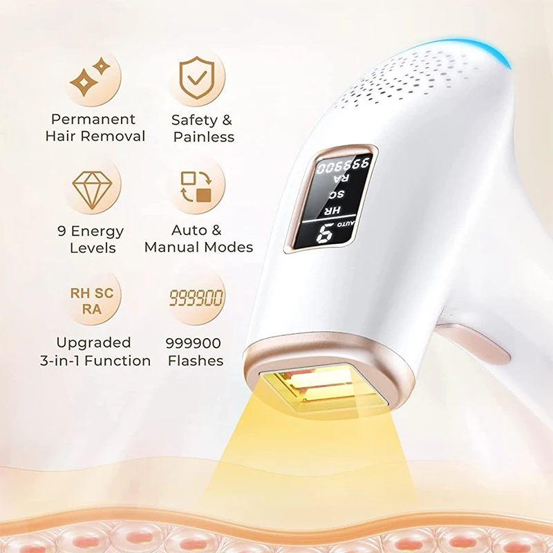IPL Hair Removal Device 999900 Flashes Dual Modes Permanent Epilator HR/RA/SC 3 in 1 Whole Body Treament Home Use for Women Men
