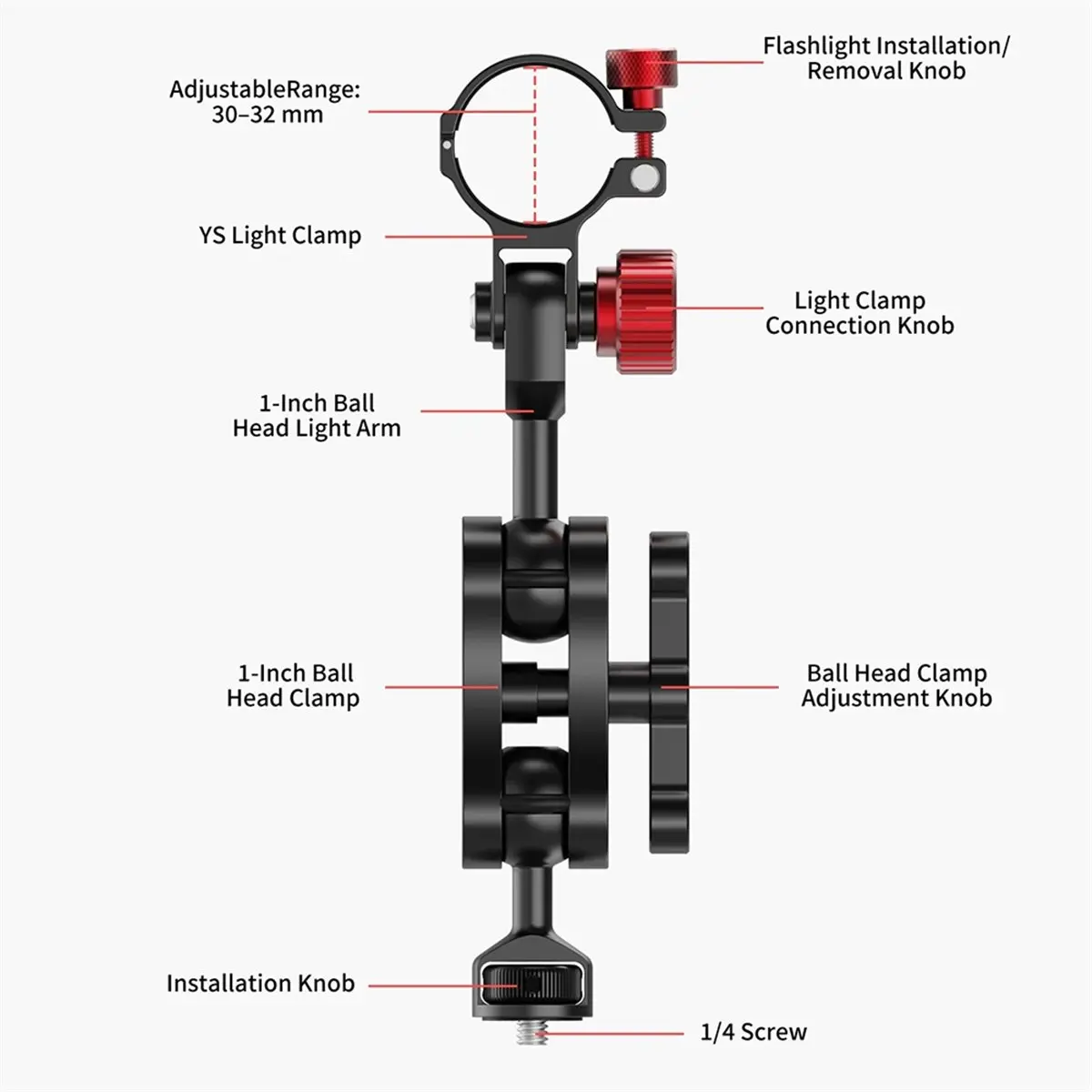 Diving Flashlight Holder Mount for Underwater Photography Dia 30-32mm Adjustable Torch Clip 1-Inch Ball Head Adapter