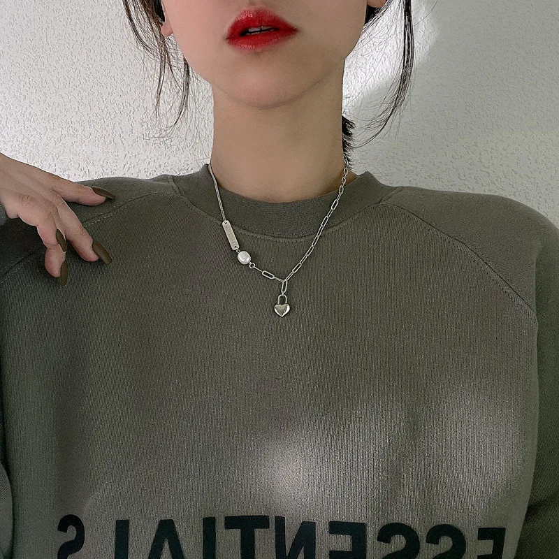 925 Sterling Silver Necklace I Miss You Tag Pearl Asymmetric Heart Geometric for Women Girl Jewelry Gift Dropshipping Wholesale