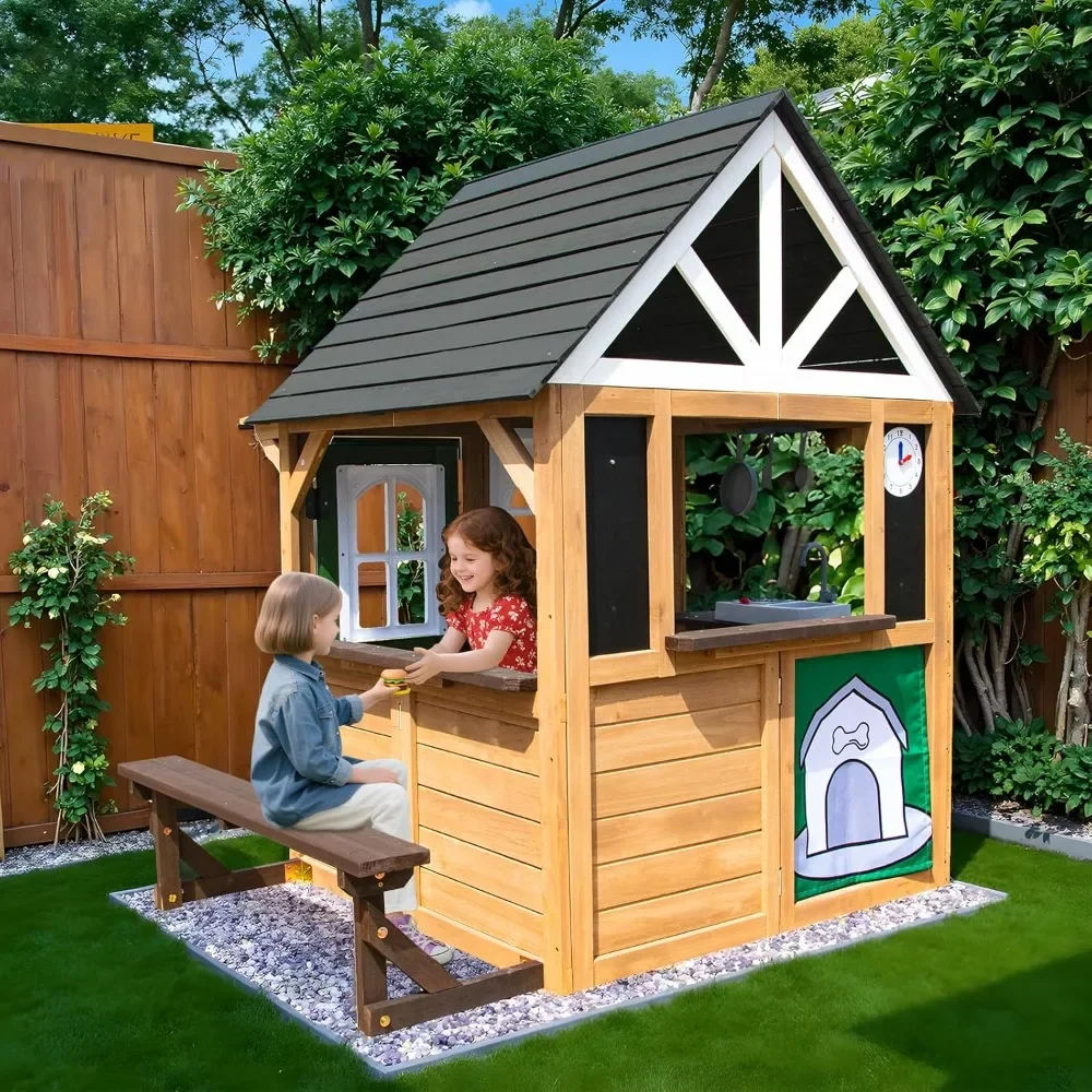 

Children's Playhouse, Indoor and Outdoor Play Set, Modern Gray Cedar Wooden Playhouse with Functional Kitchen Set