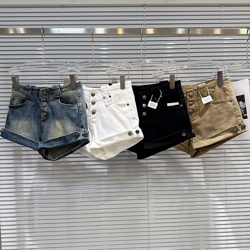 Fashion Spring Autumn Metal Rivet Buckle Denim Shorts Female High Waist Flip Up Pants Legs Zipper Solid Denim Shorts for Women