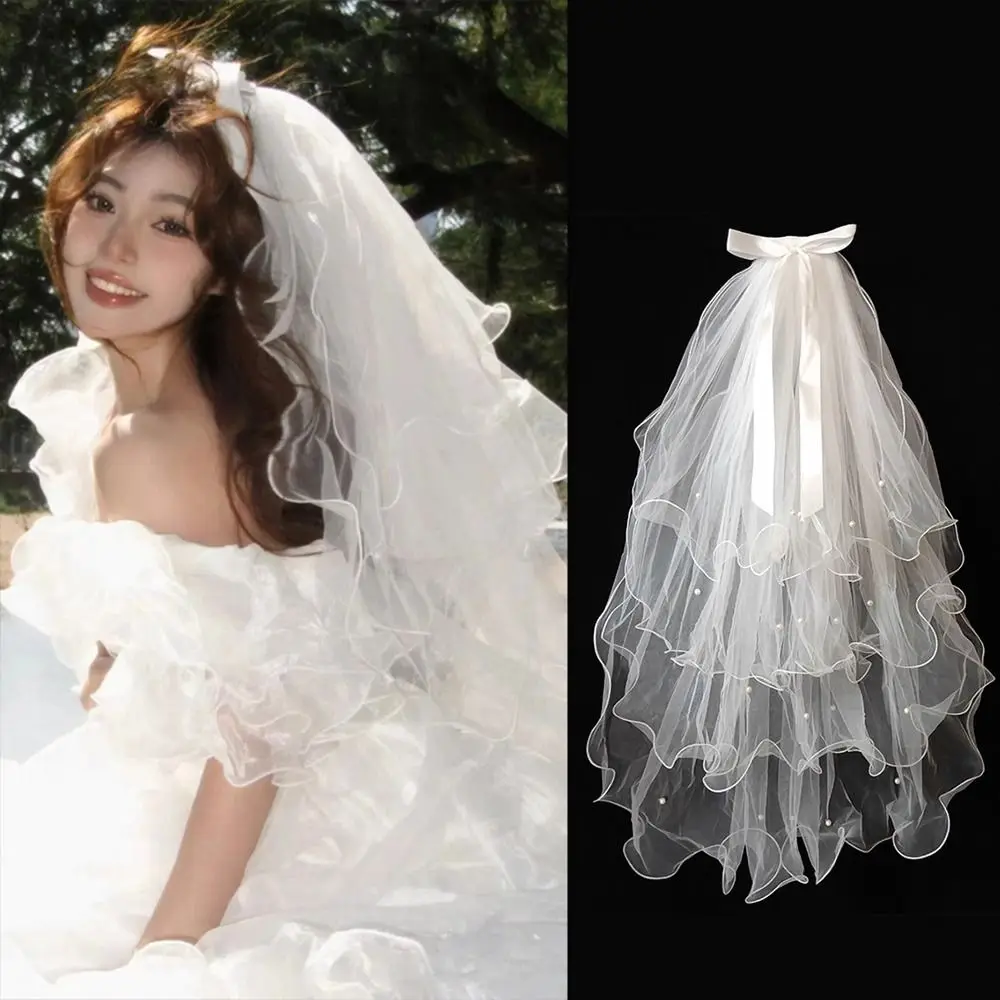 New Four-layer Bridal Veil Soft Tulle Curled Wedding Veils White Pearl Bow Ribbon Bride Head Gauze Wedding Accessories image 3