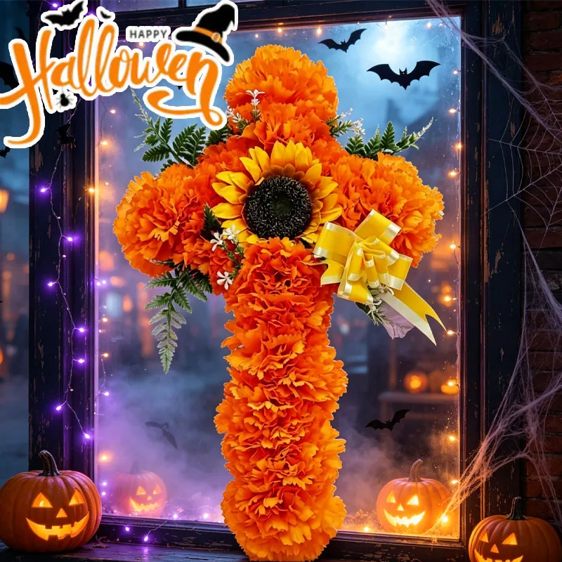 1-4PCS Halloween Day of Dead Flower Cross Bouquet Artificial Marigold Carnation for Home Party Altar Grave Decoration