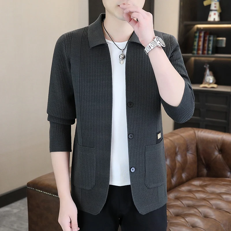 

Мужская модная трикотажная куртка с повседневным воротником, молодежная весенне-осенняя тонкая верхняя одежда, дышащее длинное волокно из полиэстера