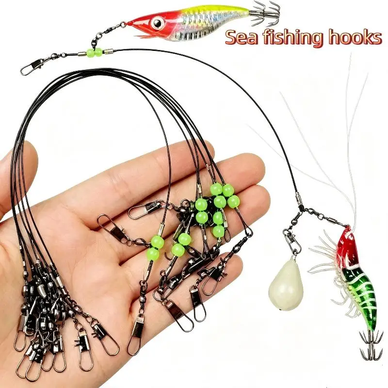 3/6/9pcs/lot 20cm Squid Fishing Leader Rig With Luminous Beads Swivel Snap Connector For Octopus Cuttlefish Sea Saltwater Tackl