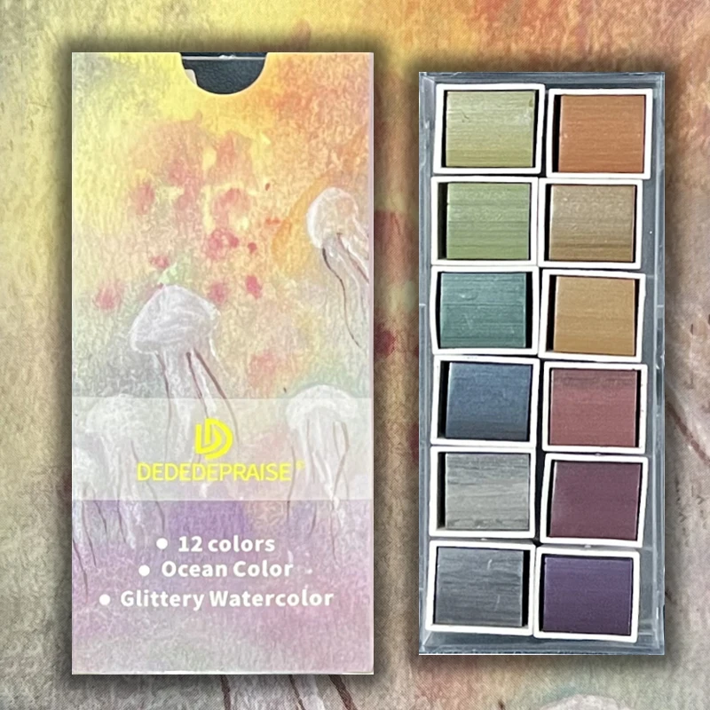 Ocean 12 Colors Pearl Watercolor Pigment,Metallic,Shimmer,Glittery Solid Paint Mini Travel Portable Kit for Painting,Writing