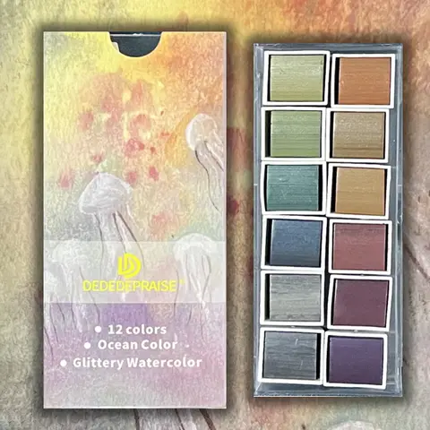 Ocean 12 Colors Pearl Watercolor Pigment,Metallic,Shimmer,Glittery Solid Paint Mini Travel Portable Kit for Painting,Writing