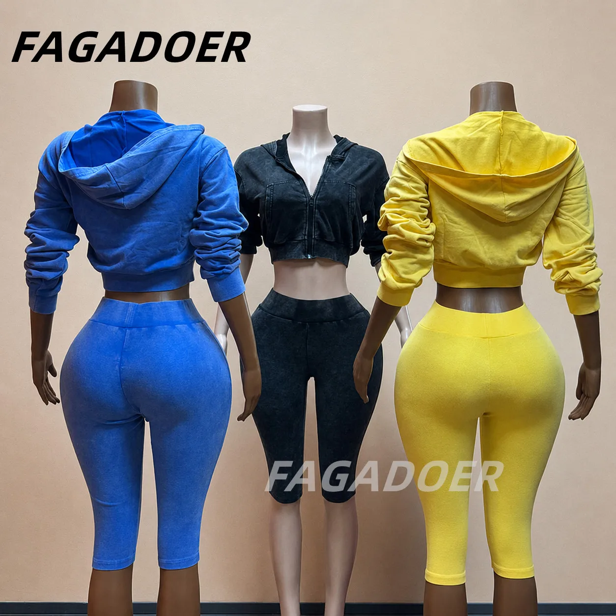 FAGADOER Casual Sports 2 Piece Set Vintage Wash Zip Hooded Cropped Jacket Rib Capri Pants Tracksuit Elegant Club Matching Suits