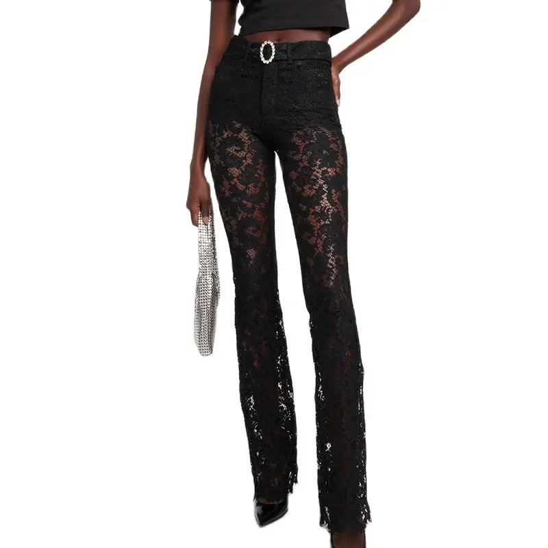 

Lace Trousers with Diamond Buckle for Women High End Hollow Out High Waist Long Pants Sexy Elegant Runway Designer Fashion New