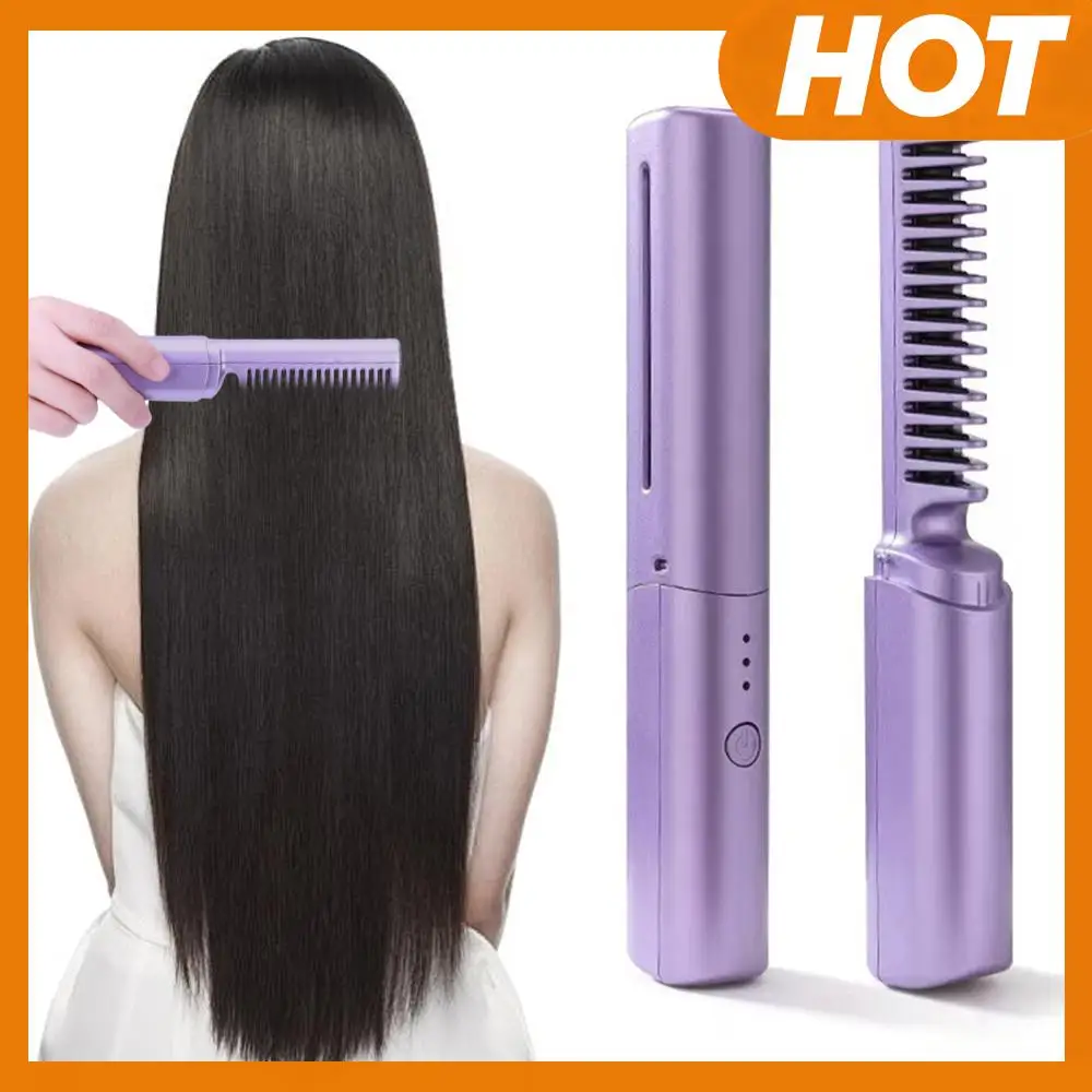 

Cordless Hair Straightening Brush Rechargeable Travel Hair Straightener 3 Temp Settings Electric Hot Comb Hair Styling Tools
