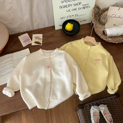 Autumn Children's Striped Cardigan Girls' Knitted Sweater Top Bow Embroidered Little Girl's Coat Winter Baby Girl Clothes