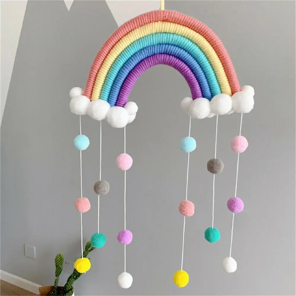 DIY PomPom Rainbow Clouds Tapestry Handmade Macrame Photo Prop Woven Room Decoration Home