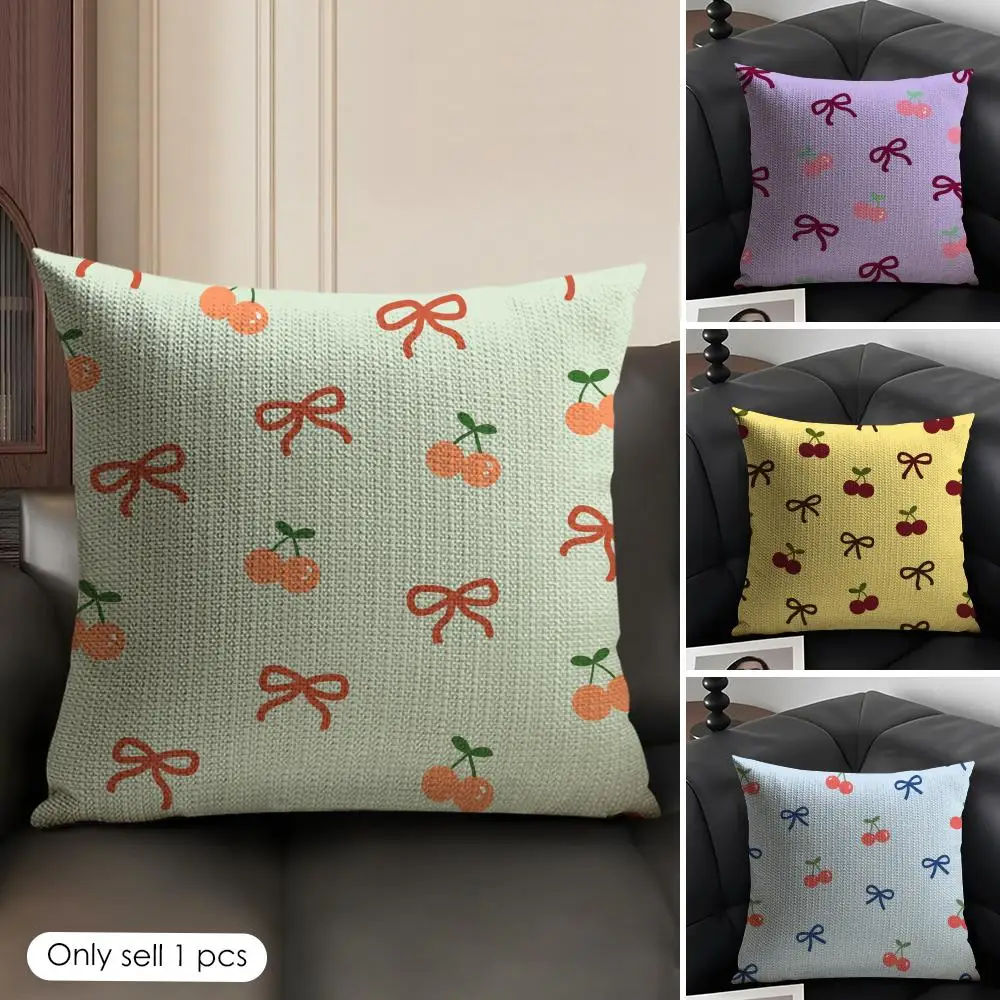 Cherry Bow Cushion Cover Linen Organic Fabric Double-Sided Printing Sofa Breathable Home Decor Gift Pillow Case