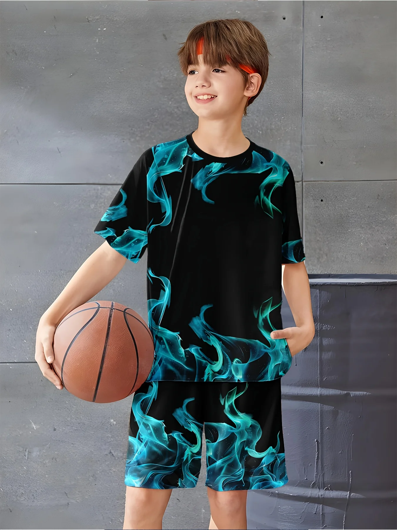 3D Flame Printed Casual Clothing T-shirt and Shorts Set with Bright Colors Suitable for Summer Clothing