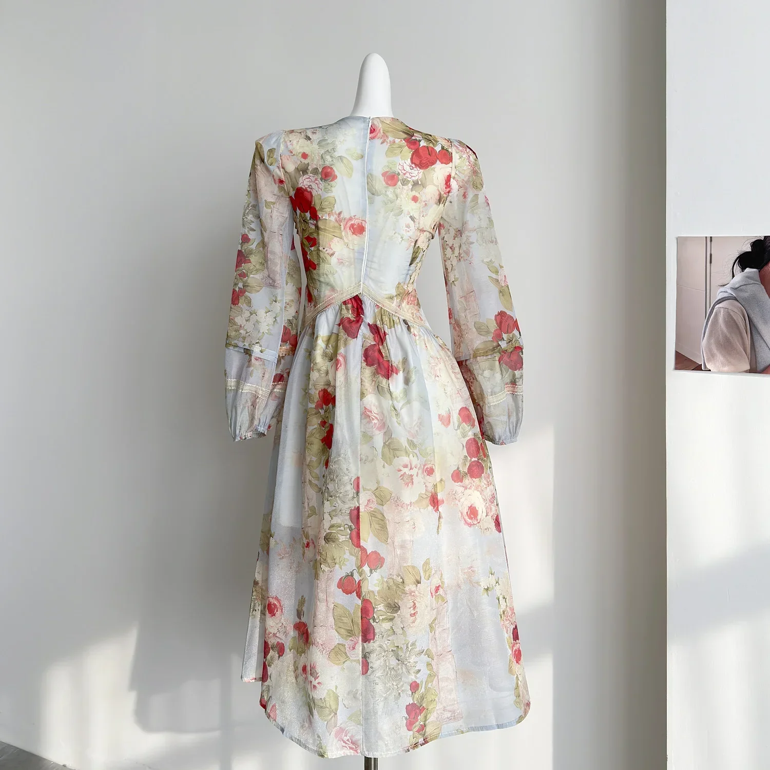 France Vintage Elegant Midi Dress Women V Neck Chic Y2k Design Beach Style Dress Female Print Korean Fashion Clothing Autumn New