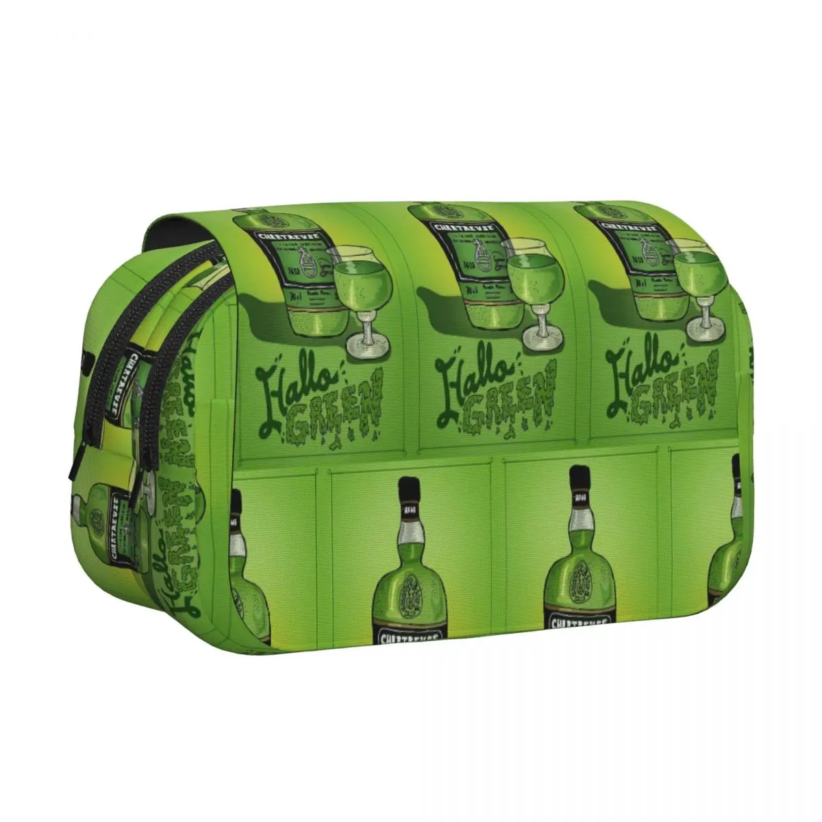 Green Chartreuse Bottle Oil Painting Drink 1 Pencil Case Pen Holder Hard Shell Leather Big Capacity Pen Box Pencil