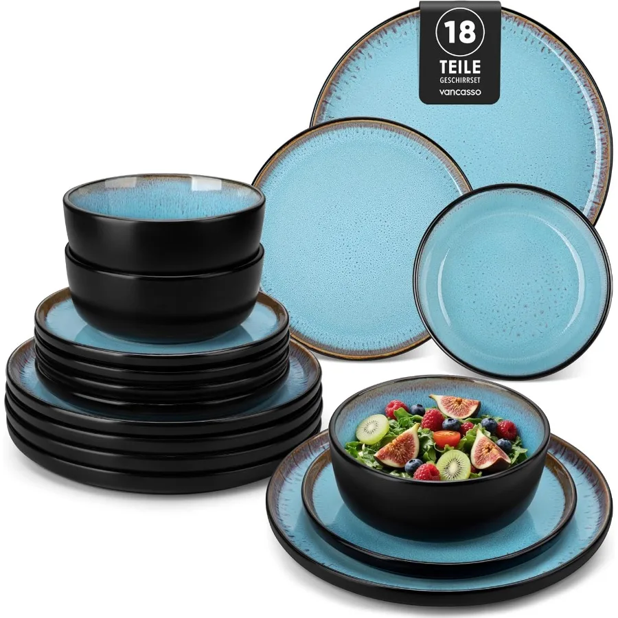 18Piece Stoneware Dinnerware Set for 6 Including Plates and Bowls Microwave and Dishwasher Safe Ceramic Kitchen Dish Set in Sky