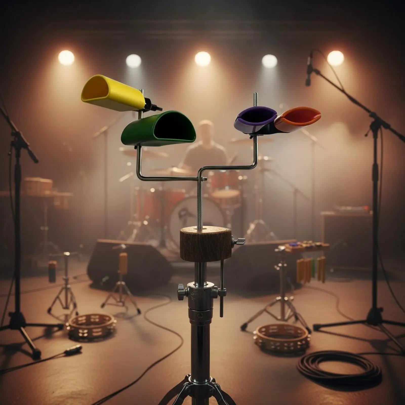 Picture 5: 4 Pieces Cowbell Two-Tone Color Cowbell Stand Set Percussion Instrument Mounted Bracket Easy to Strike for Band Practice