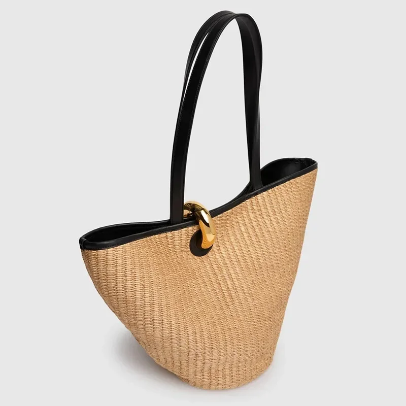 

2025 New Trend Casual Large Capacity Raffia Grass Weaving Golden Buckle Straw Woven Bag Cabbage Basket Bag Underarm Bag