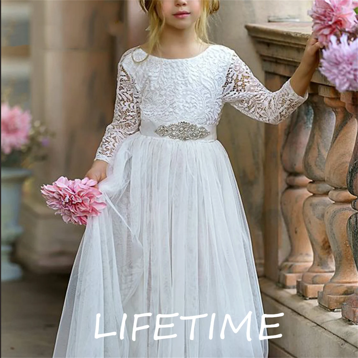 

Gardenwed A-line Ivory Lace Flower Girl Dresses Tulle Appliques Communion Dress Kids Satin Bow Sashes Celebrity Dresses,Vestidos