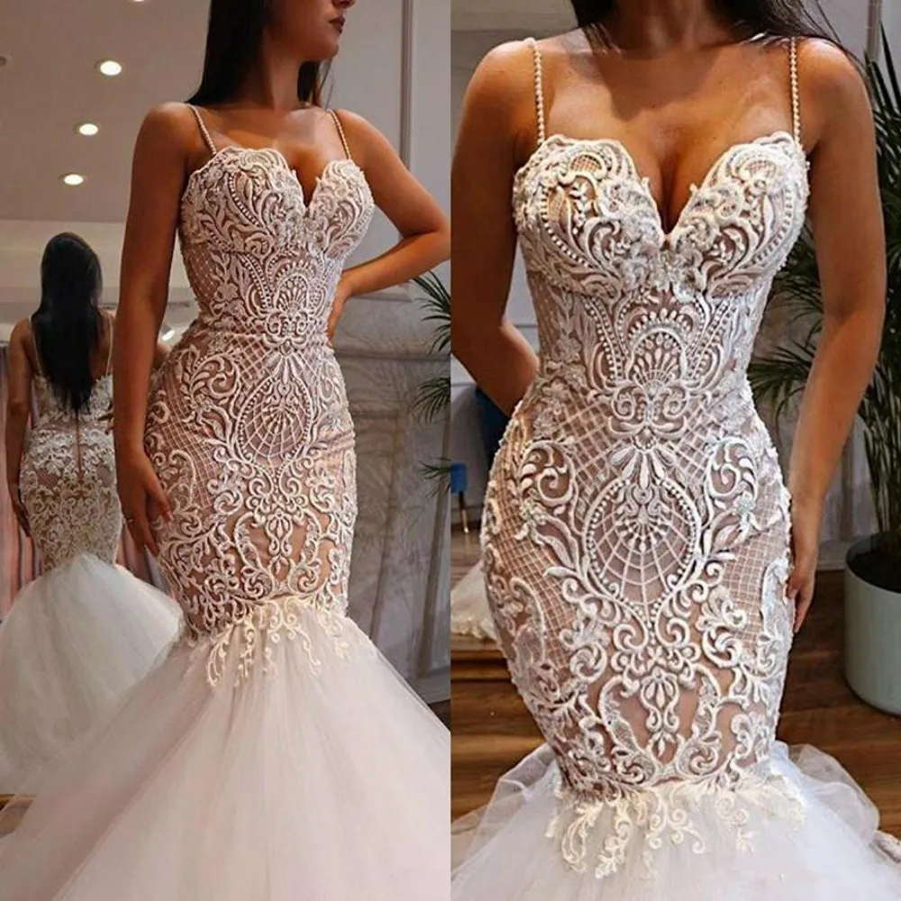 Elegant Lace Mermaid Wedding Dress Sexy Italian Noodle Strap Banquet Party Dress Plus Size Evening Dress Customization