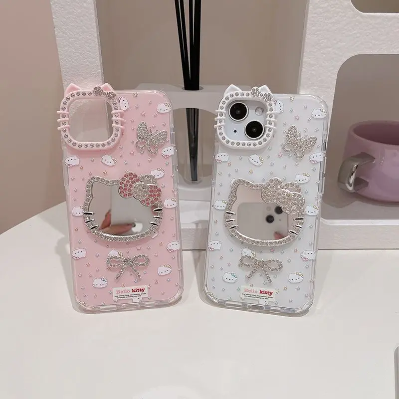 

Hellokitty Makeup Mirror 3D Bow Silicone Case for iPhone 16 Pro Max 15 Cute Glitter Diamond Case for iPhone 14 Pro Glitter Case