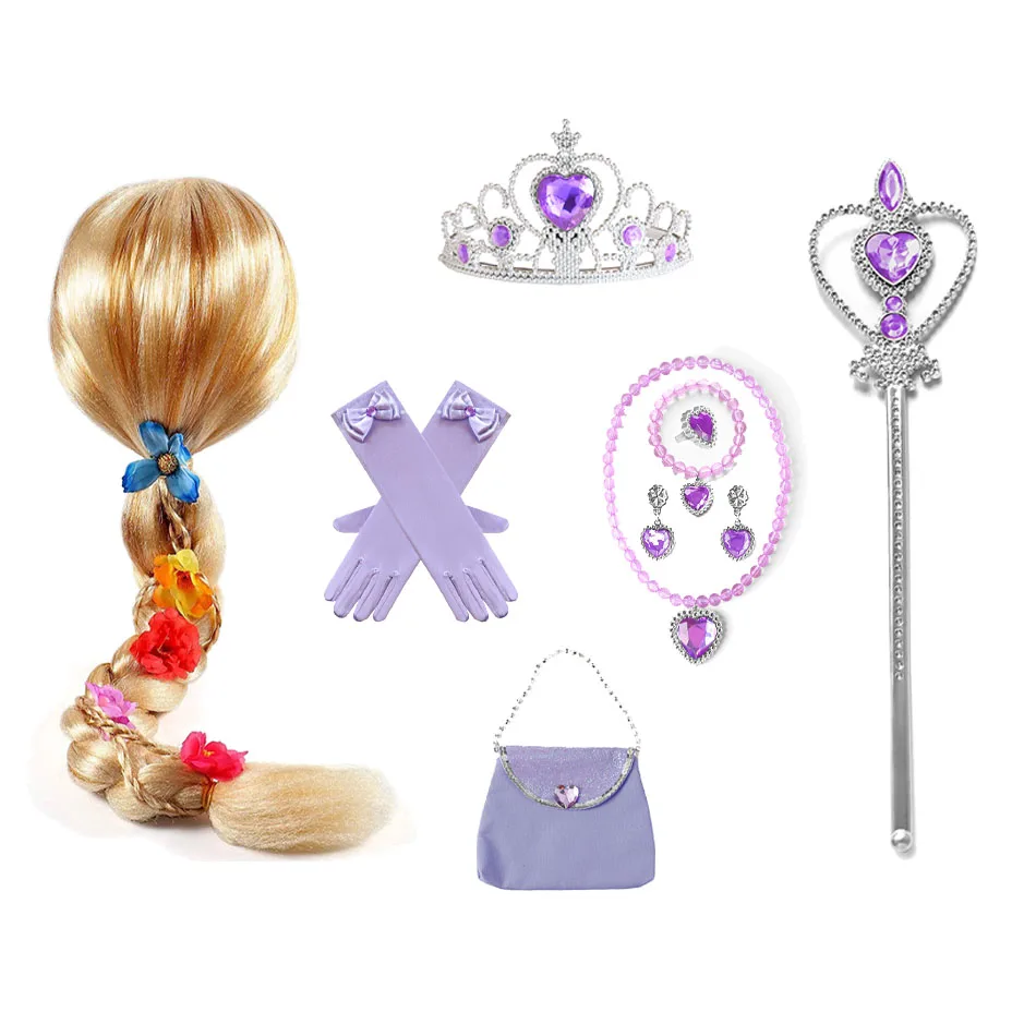 Rapunzel Princess Accessories Gloves Wand Crown Jewelry Set Kid Wig Necklace Braid for Princess Dress Clothing Cosplay Dress UP