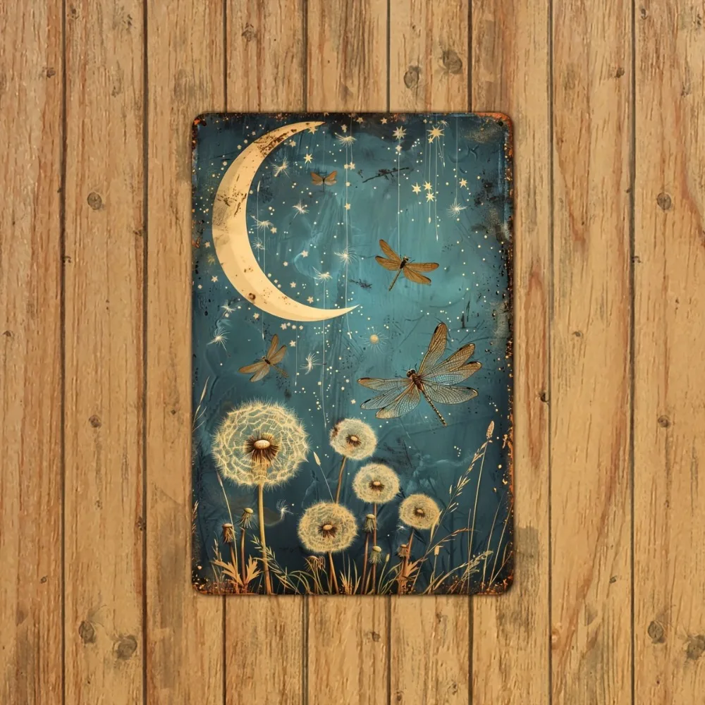 Vintage Dragonfly and Dandelion Metal Wall Art – Moonlight Sky Tin Sign for Bedroom or Office, 8x12 Inch Rustic Decor