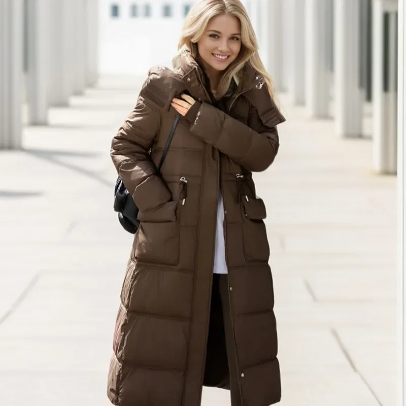 2024 New Winter Thicken Down Cotton Jacket Woman Long Coat Hooded Big Pockets Zipper Waist Drawstring Warm Coat Female Overcoat