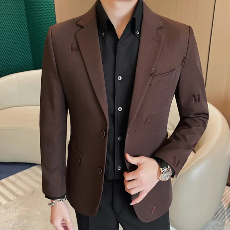 2024 Luxury Letter Embroidery Men Blazers Slim Fit Solid Color Casual Business Blazer Jackets Wedding Banquet Party Dress Coat